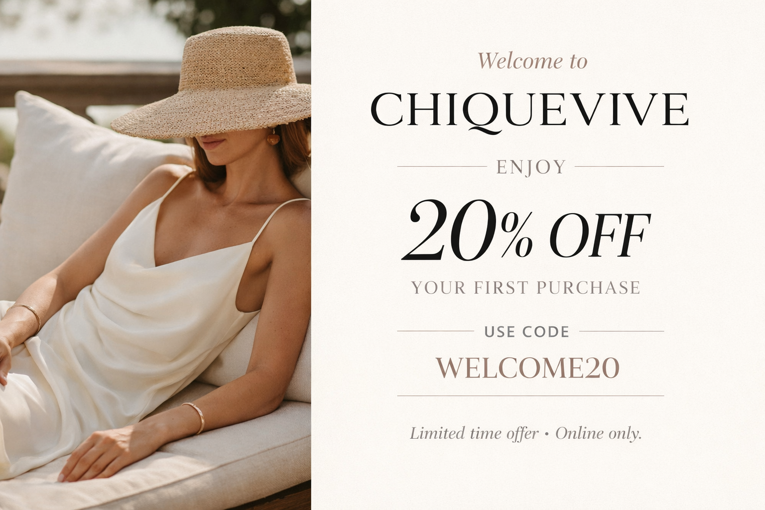 Chiquevive woman in elegant white silk dress with first purchase welcome offer luxury fashion editorial