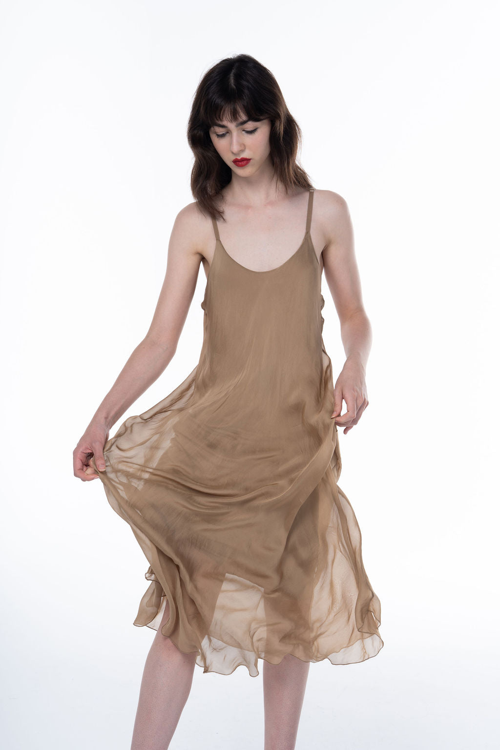 Long Fluid Silk Dress with Thin Straps and Hem 30507