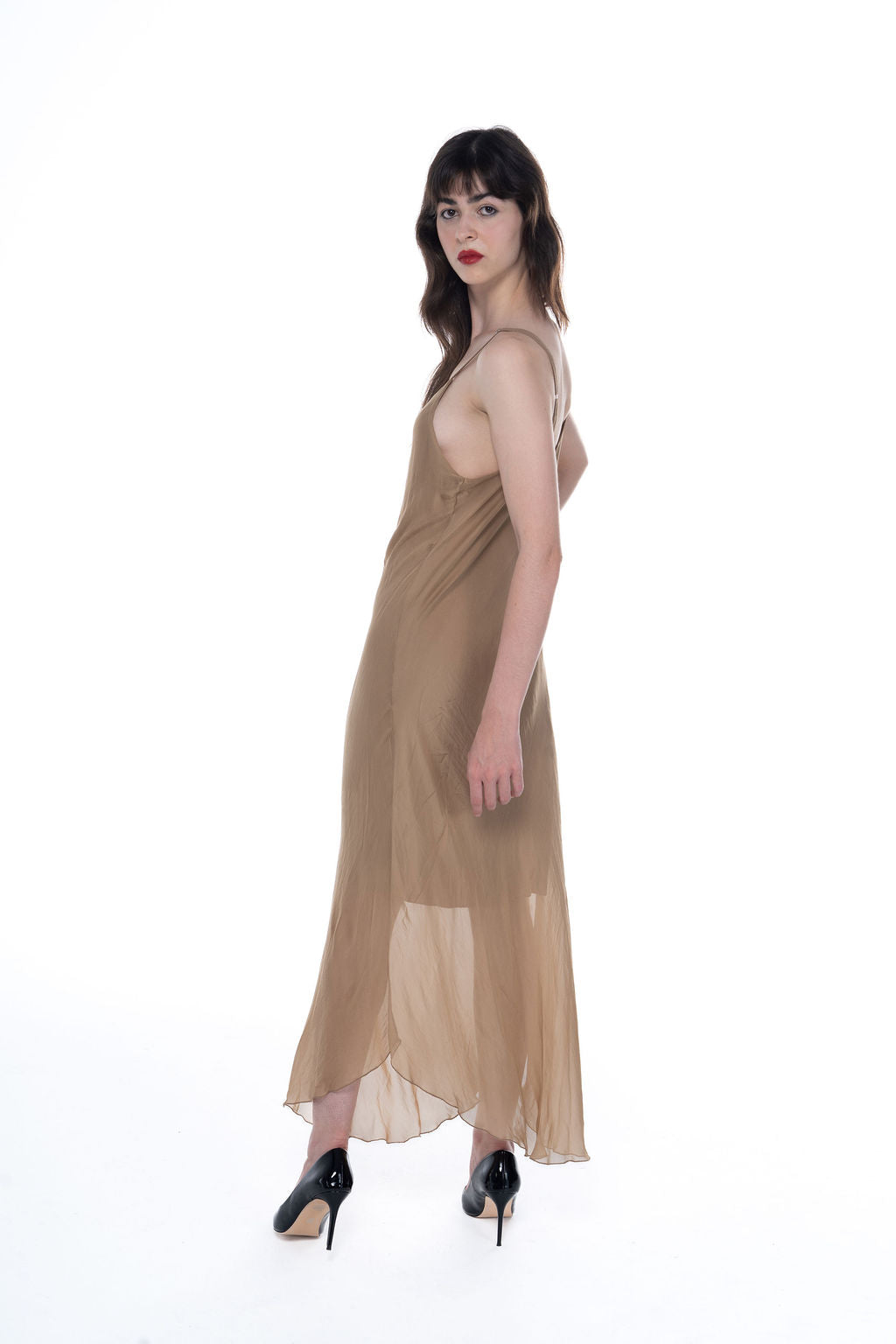Long Fluid Silk Dress with Thin Straps and Hem 30507