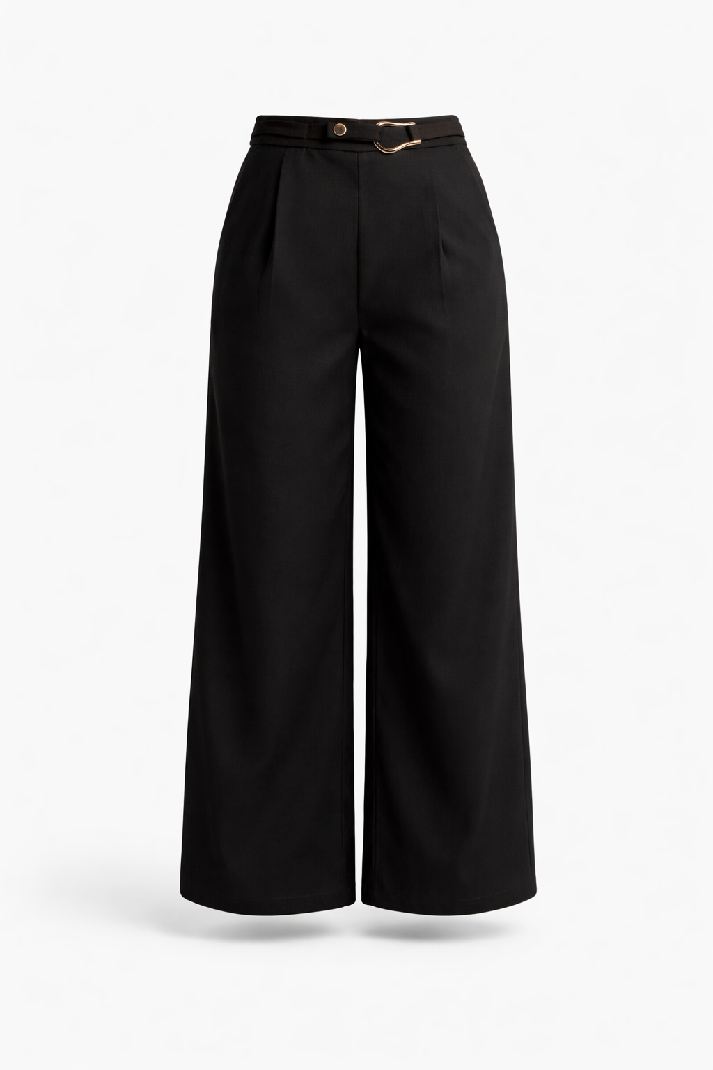 Faux Wool Wide Leg Pants With Gold Buckle Detail - Chiquevive