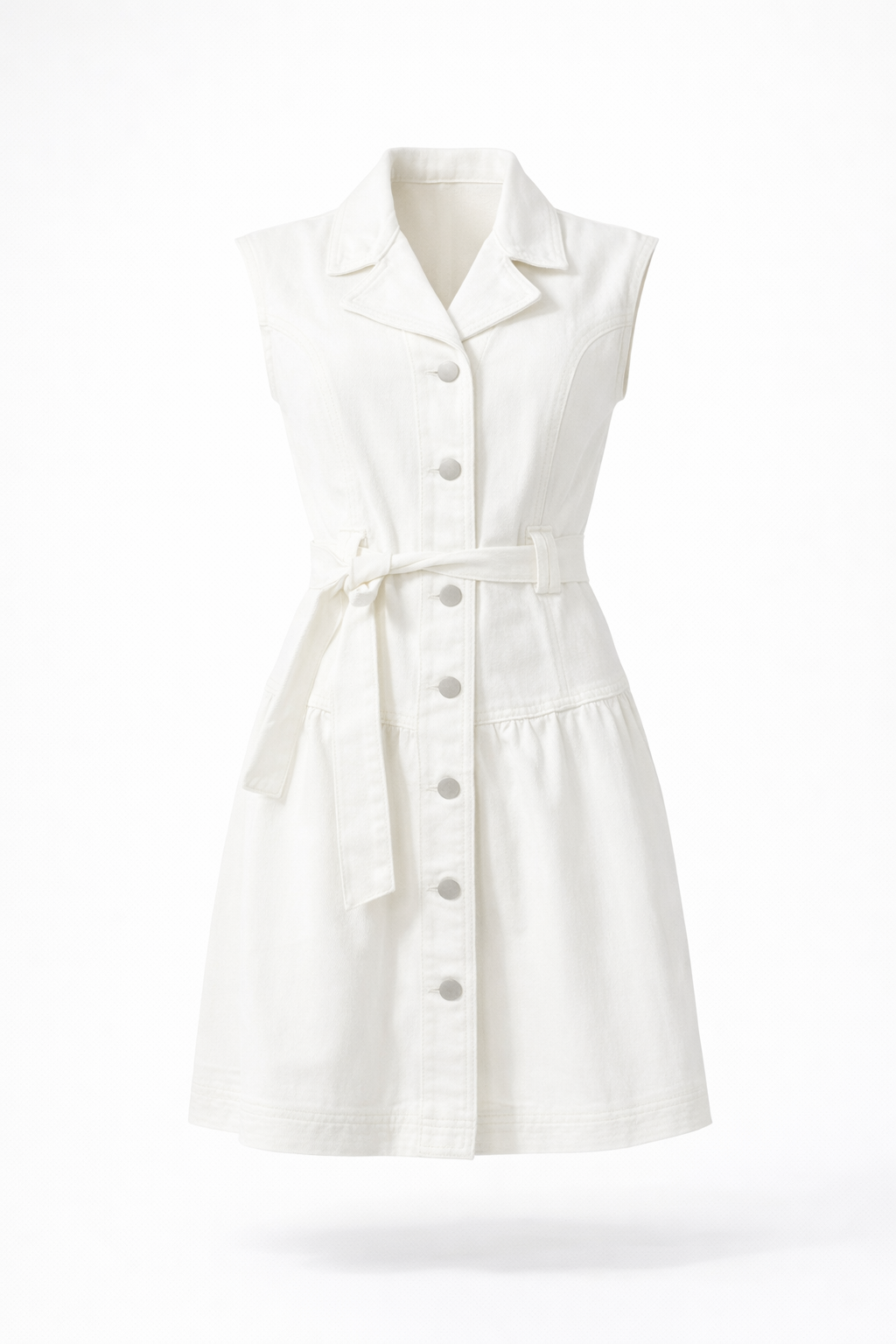 Denim Belted Mini Shirt Dress - Ivory - Chiquevive