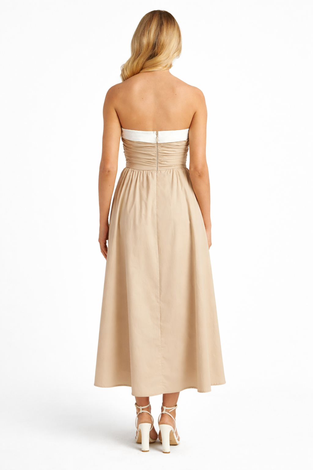 Cotton Contrast Neckline Ruched Bodice Midi Dress - Chiquevive