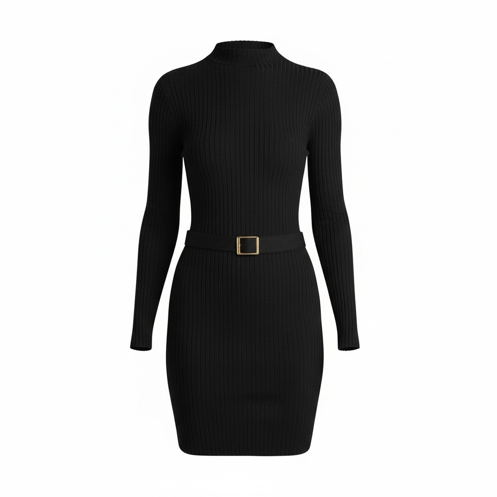 Knit Mini Dress with Belt | Ribbed Mock Neck Dress