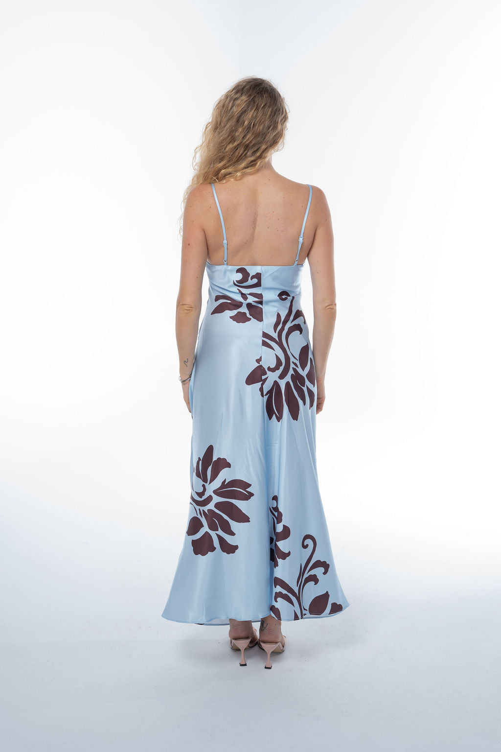 Celeste Bloom Satin Maxi Dress - Sky Blue.