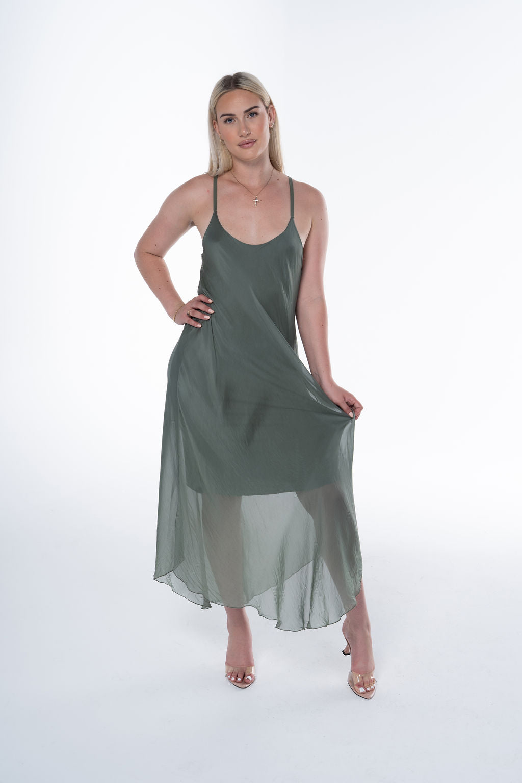 Long Fluid Silk Dress with Thin Straps and Hem 30507