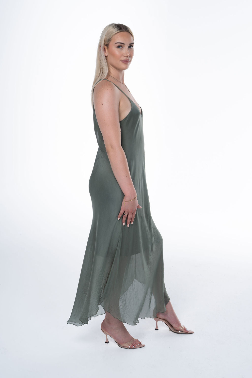 Long Fluid Silk Dress with Thin Straps and Hem 30507