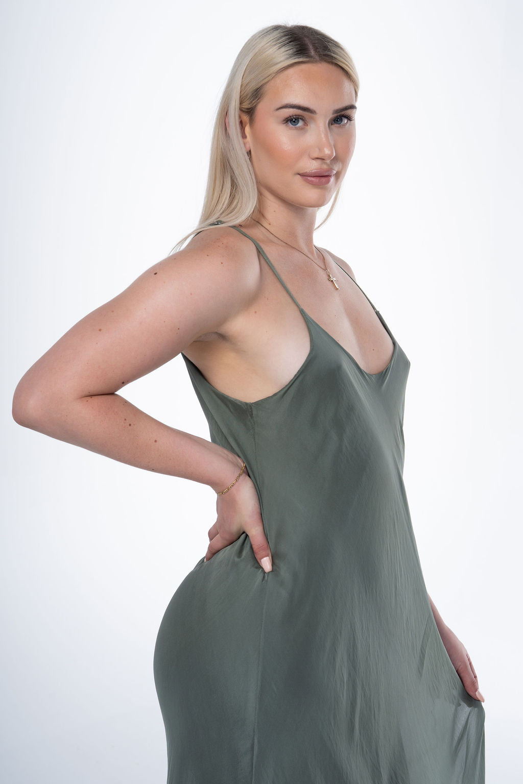 Long Fluid Silk Dress with Thin Straps and Hem 30507