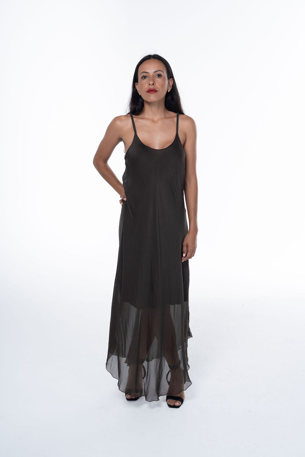 Long Fluid Silk Dress with Thin Straps and Hem 30507