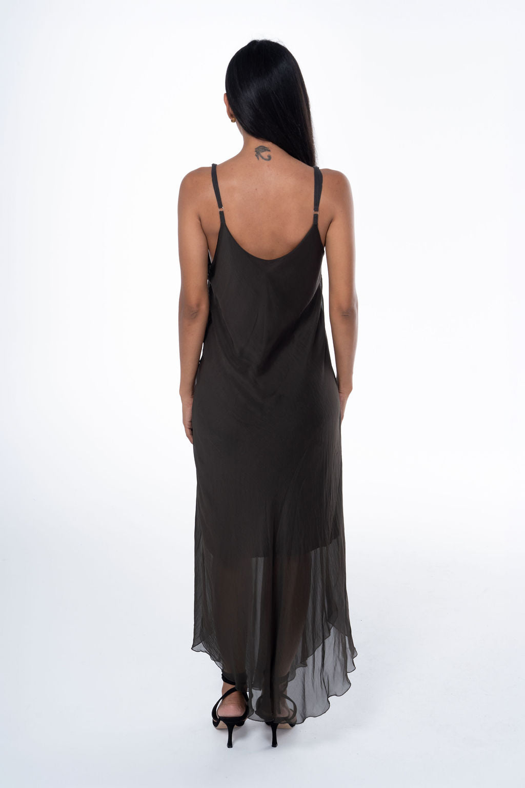 Long Fluid Silk Dress with Thin Straps and Hem 30507
