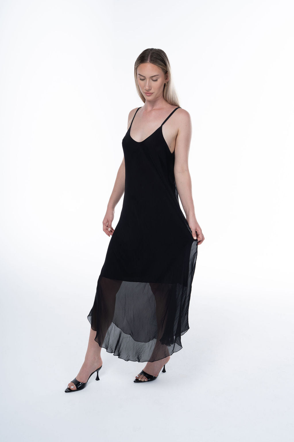 Long Fluid Silk Dress with Thin Straps and Hem 30507