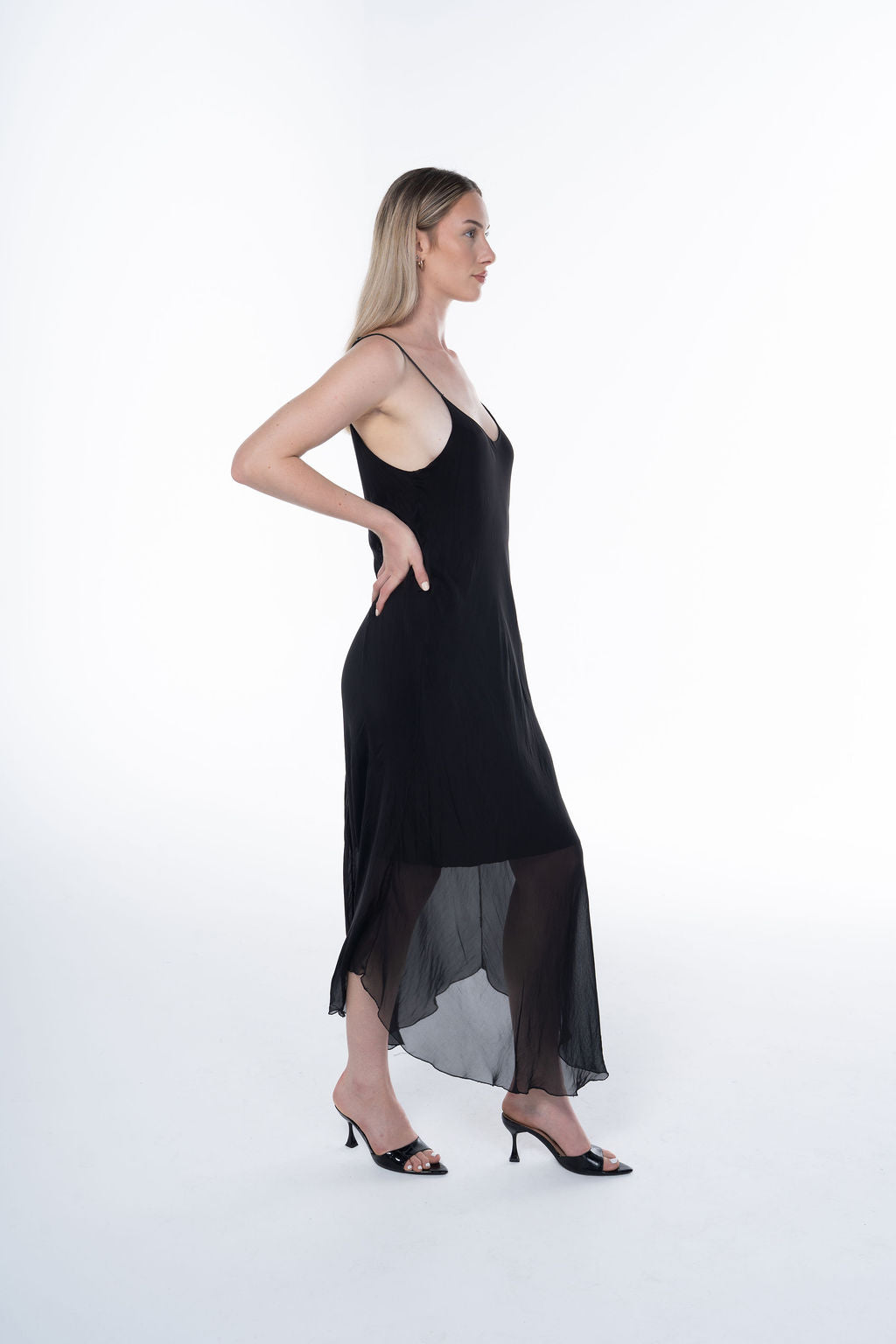 Long Fluid Silk Dress with Thin Straps and Hem 30507