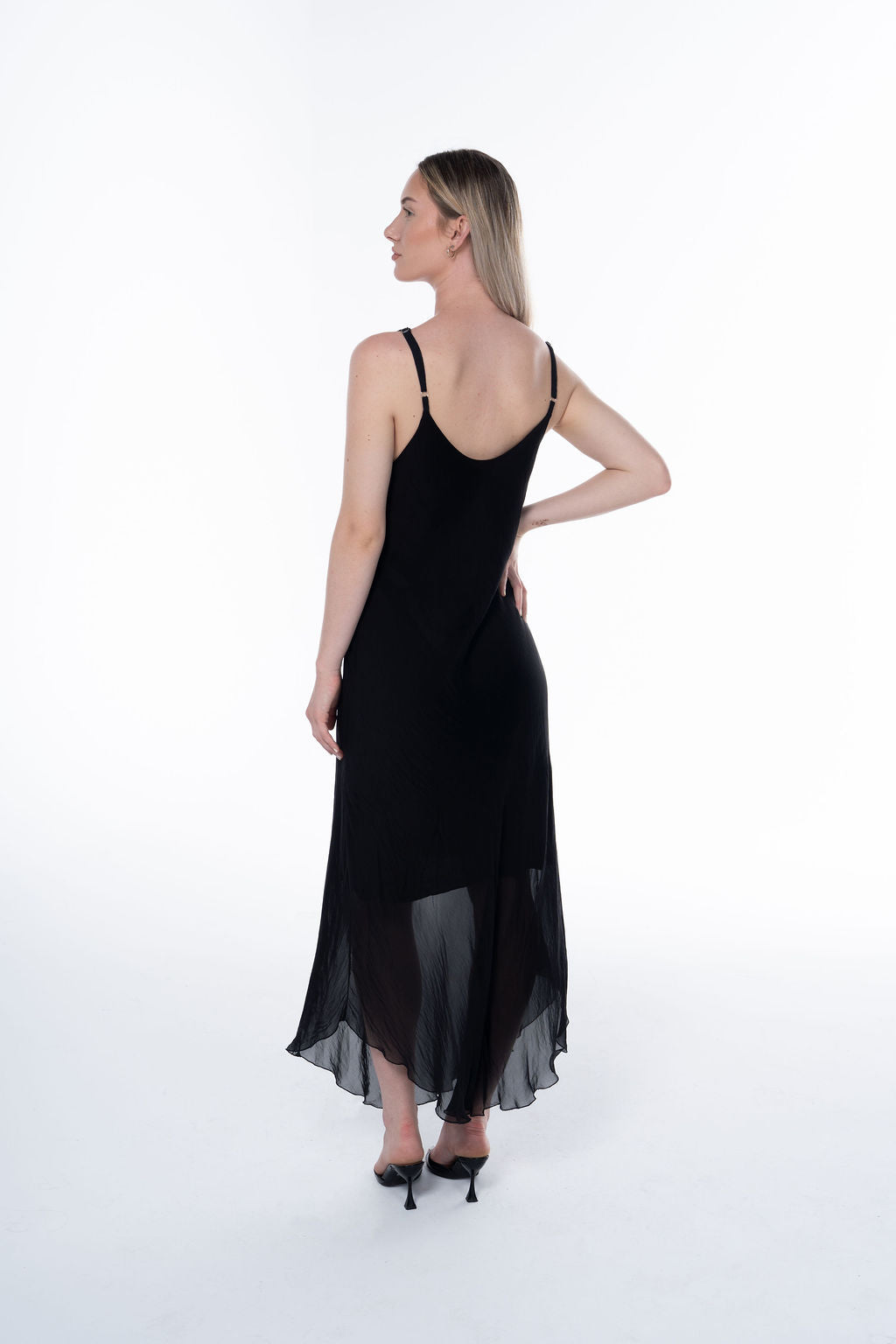 Long Fluid Silk Dress with Thin Straps and Hem 30507