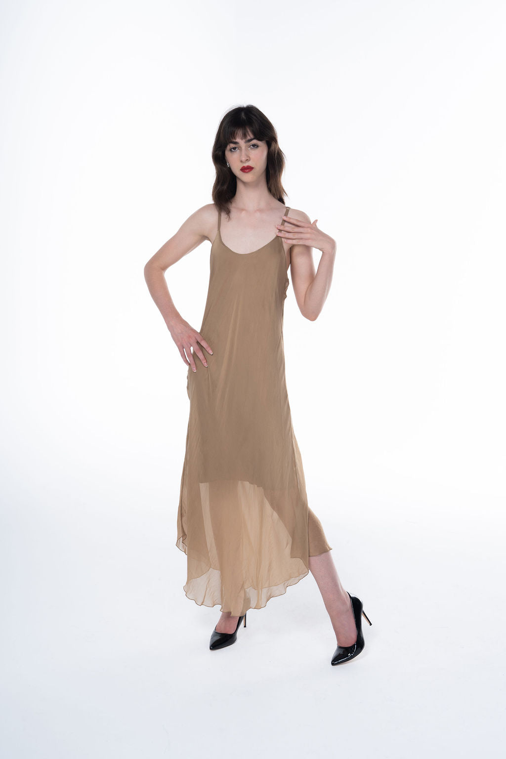 Long Fluid Silk Dress with Thin Straps and Hem 30507