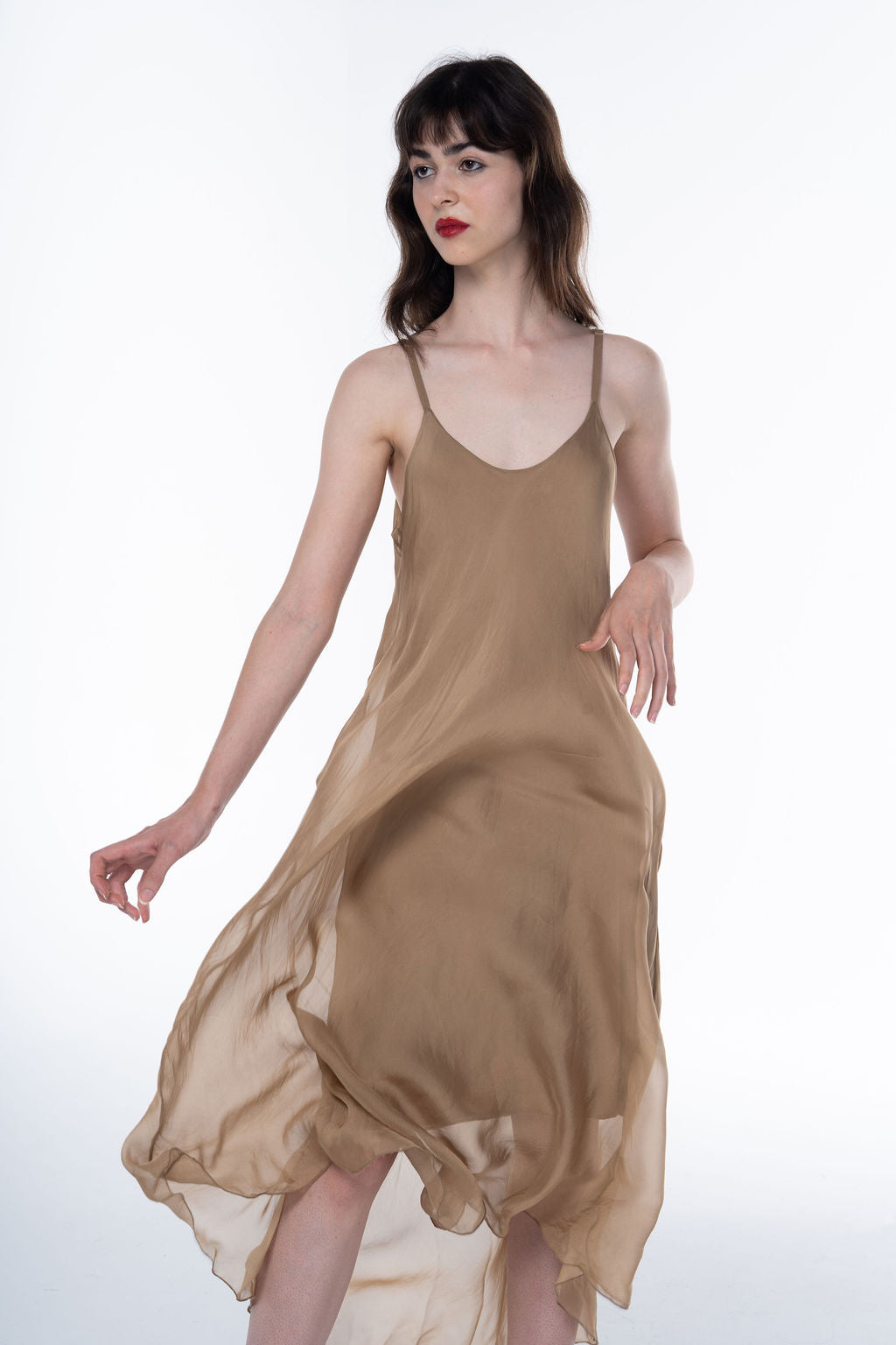 Long Fluid Silk Dress with Thin Straps and Hem 30507