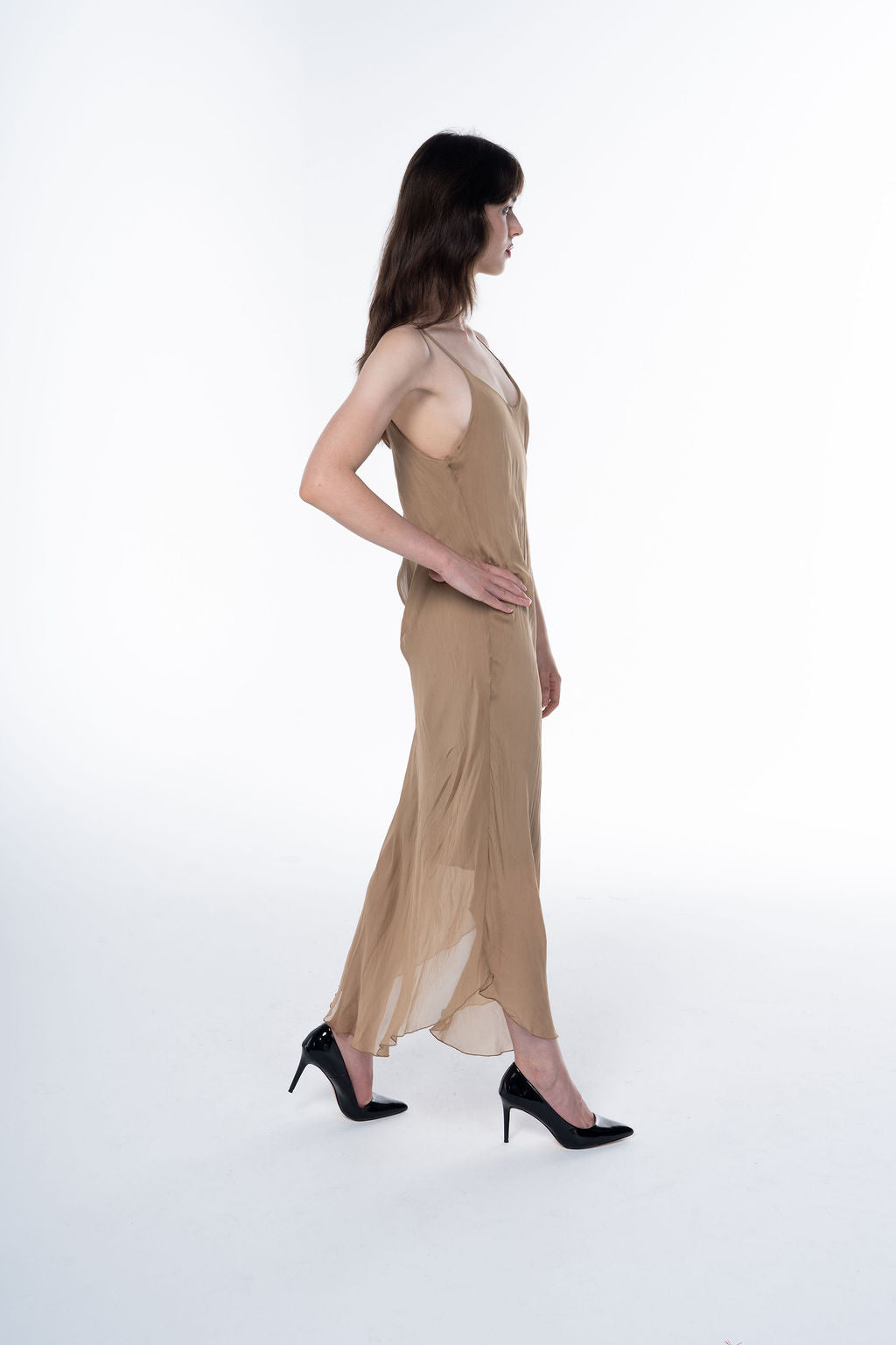 Long Fluid Silk Dress with Thin Straps and Hem 30507