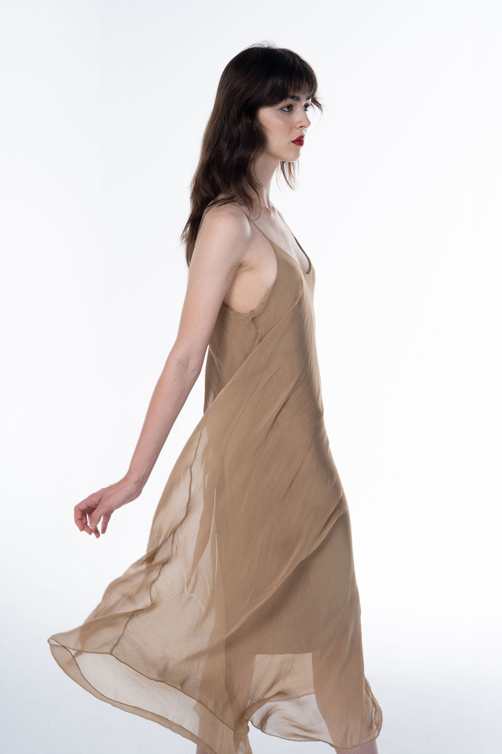 Long Fluid Silk Dress with Thin Straps and Hem 30507
