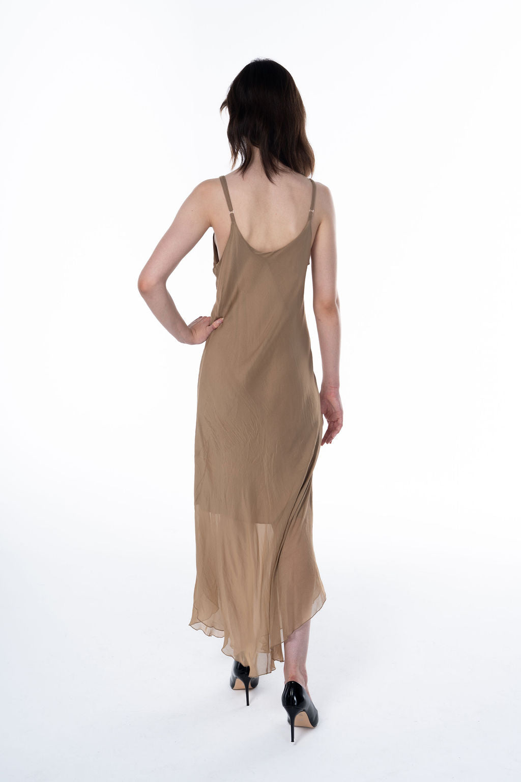 Long Fluid Silk Dress with Thin Straps and Hem 30507