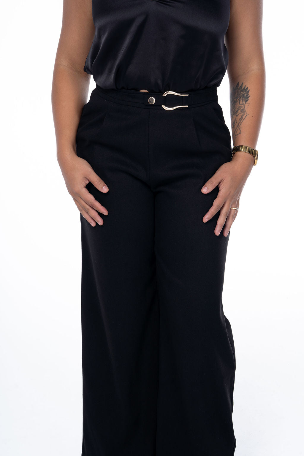 Faux Wool Wide Leg Pants With Gold Buckle Detail