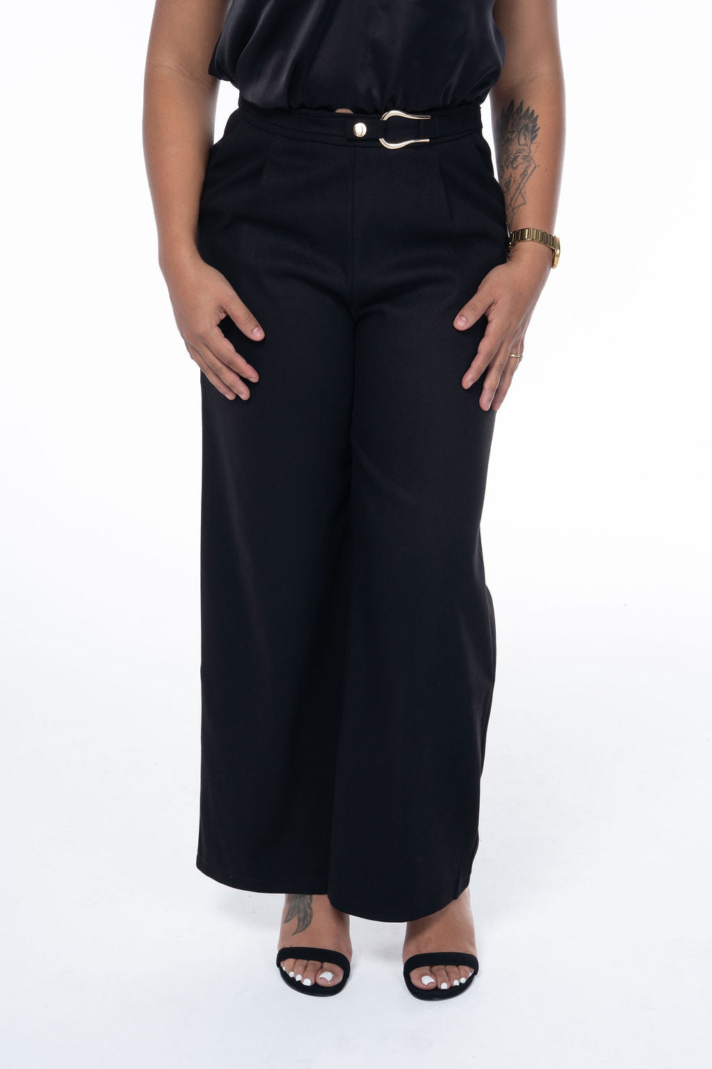 Faux Wool Wide Leg Pants With Gold Buckle Detail