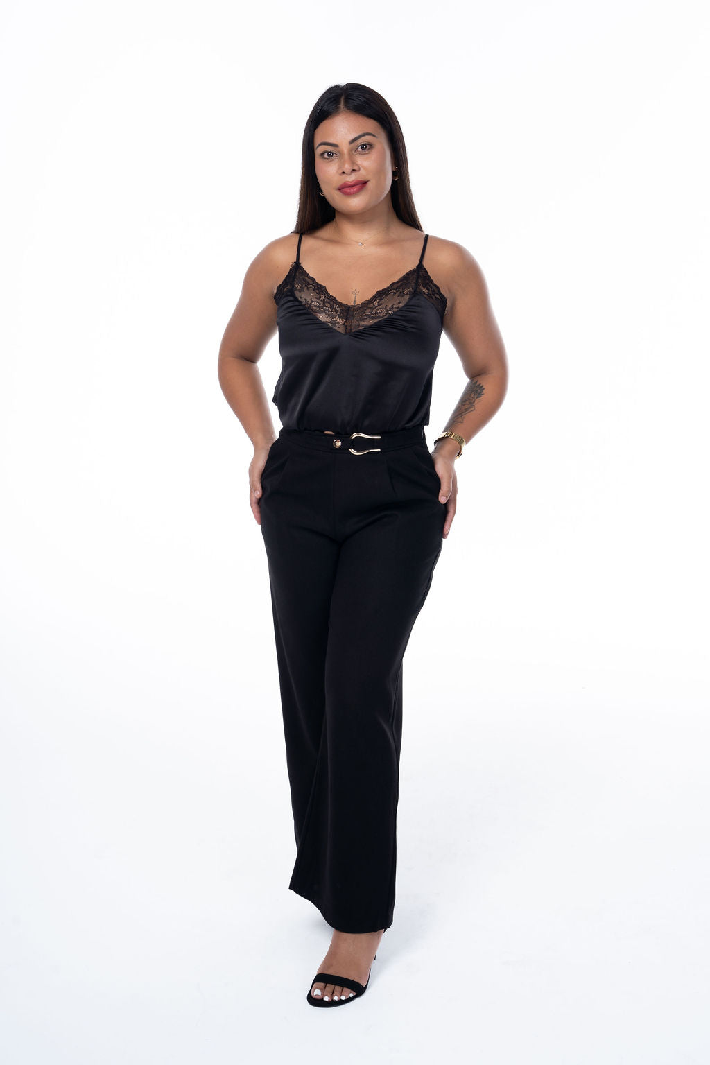 Faux Wool Wide Leg Pants With Gold Buckle Detail