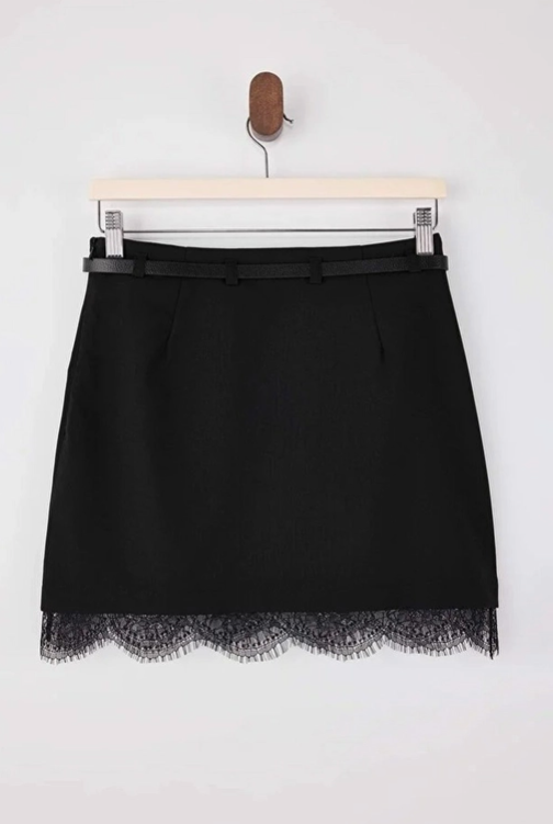 Belted A-Line Mini Skirt with Lace Hem Detail