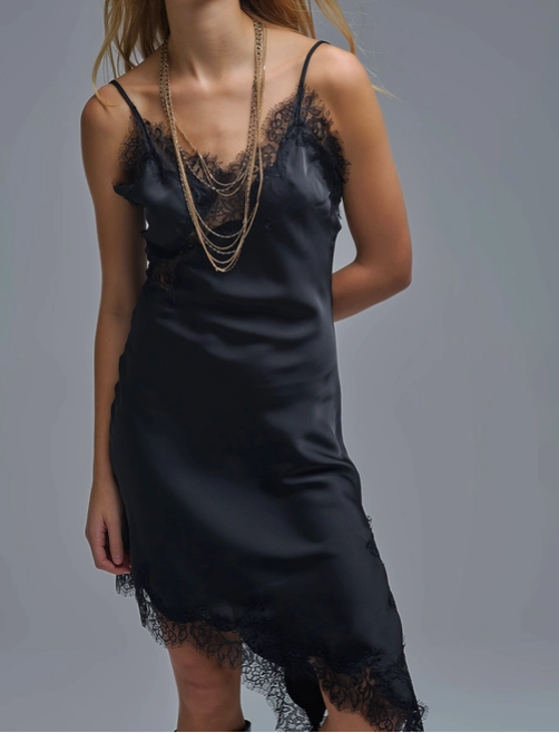 Asymmetrical Black Satin Lace Dress