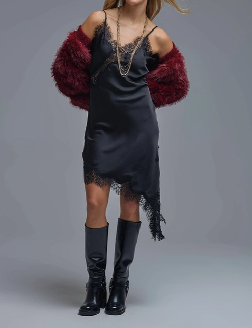 Asymmetrical Black Satin Lace Dress