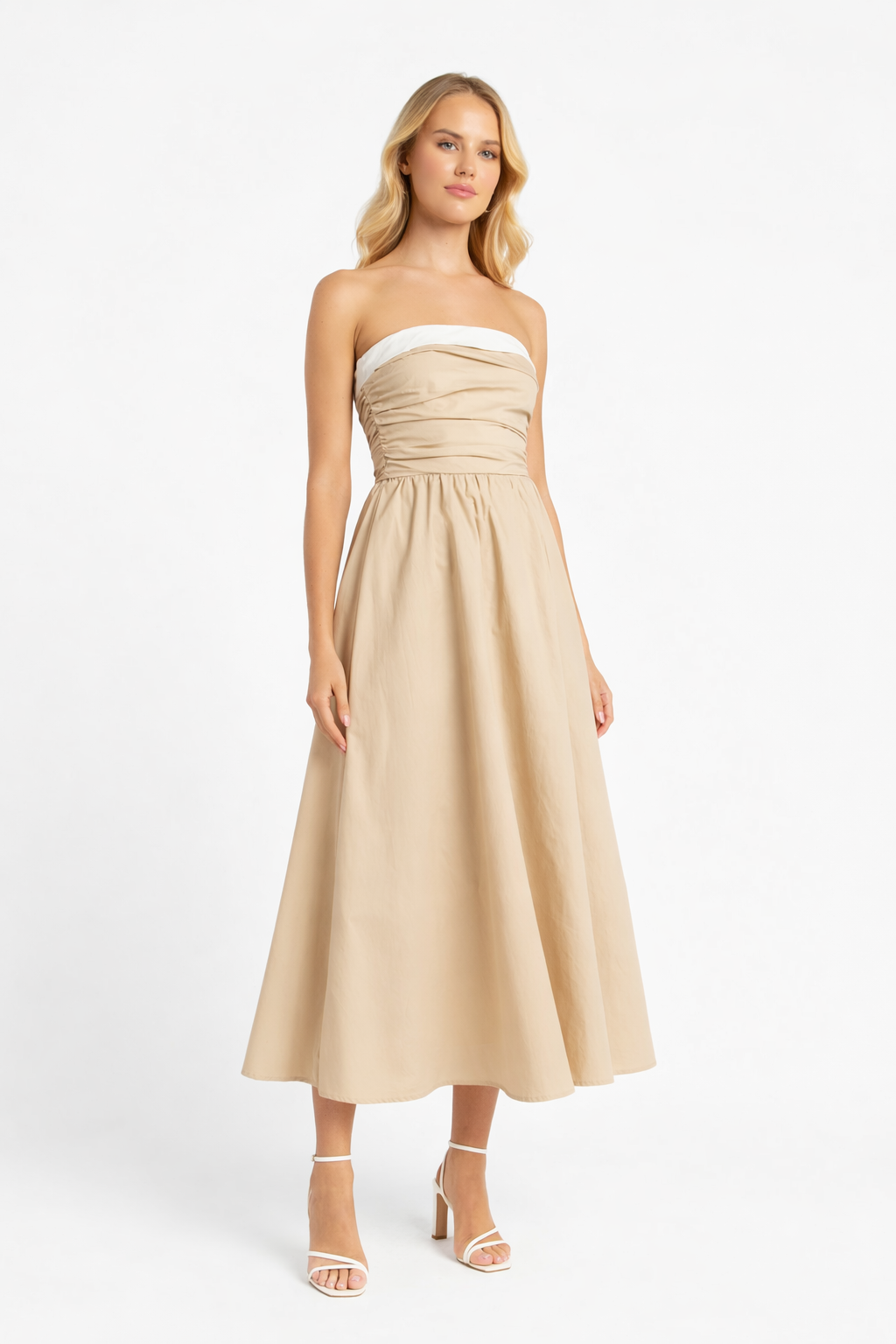 Cotton Midi Dress | Ruched Bodice Strapless Dress Cotton Midi Dress | Ruched Bodice Strapless Dress