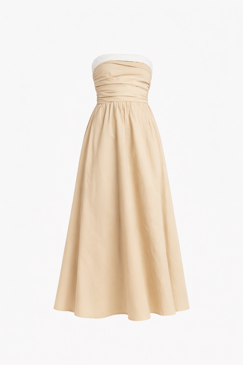 Cotton Contrast Neckline Ruched Bodice Midi Dress - Chiquevive