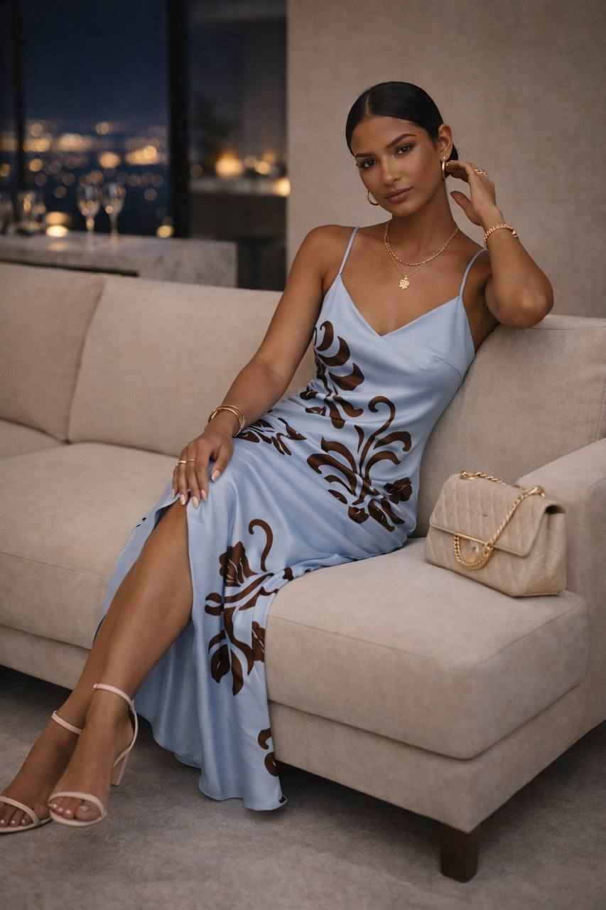 Celeste Bloom Satin Maxi Dress - Sky Blue.